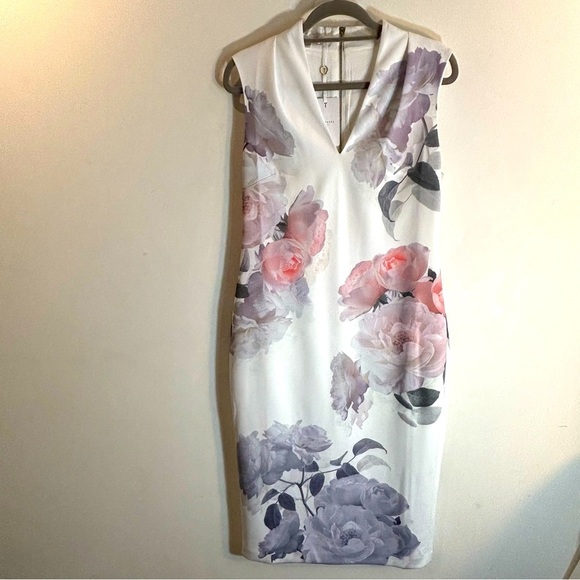 TED BAKER Sz 4 White Pastel Floral Below Knee Slit Back Zipper Closure Lined NEW - Picture 2 of 14